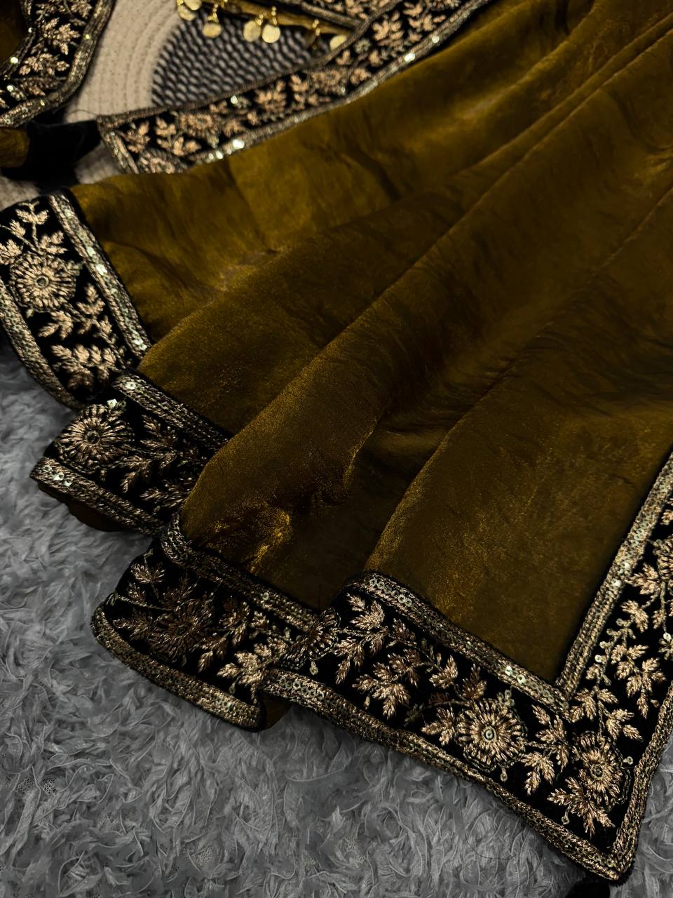 Women's Luxe Olive-Gold Silk Saree with Heavily Embellished Blouse & Border β Ideal for Evening, Wedding & Reception Wear - Image 7